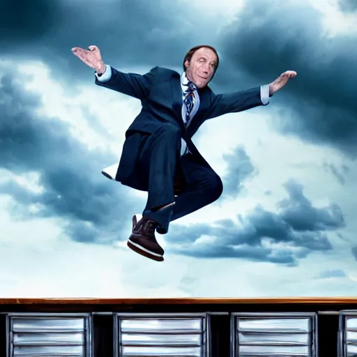 Image similar to saul goodman doing a kickflip across the judge's desk, movie film still, hq, hdr