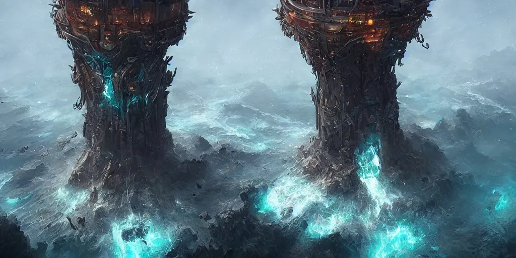 Prompt: the antitower, upside - down tower over the aetherial sea, digital art by paul chadeisson, trending on artstation, photoshop, concept art, high resolution