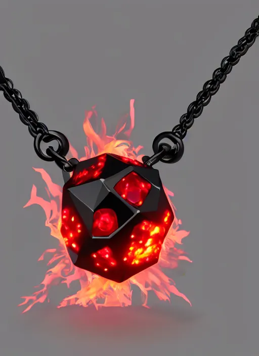 Prompt: rpg item, a black necklace with a bright red diamond in flames, Unreal 5, DAZ, hyperrealistic, rpg style, octane render, dynamic lighting