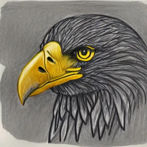 Prompt: poor drawing of an eagle done by a 7 year, crayon drawing.