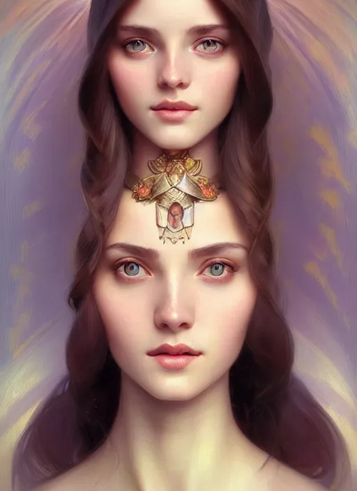 Image similar to beautiful ukrainian feminine face! portrait of young woman blessed by god with ever - increasing physical and mental perfection, beautiful hair, symmetrical! intricate, elegant, highly detailed, vision of holy perfection!! smile, digital painting, artstation, concept art, smooth, sharp focus, illustration, art by artgerm and greg rutkowski and alphonse mucha