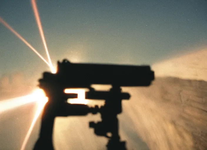 Image similar to a 3 5 mm photo of an alien spaceship firing blaster beams, bokeh, canon 5 0 mm, cinematic lighting, dramatic, film, photography, golden hour, depth of field, award - winning, 3 5 mm film grain