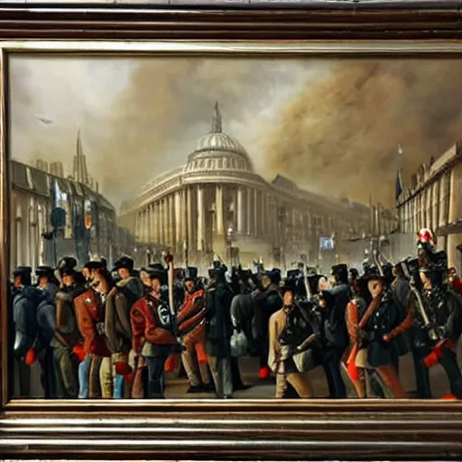 Prompt: United States invasion of London, oil painting, highly detailed