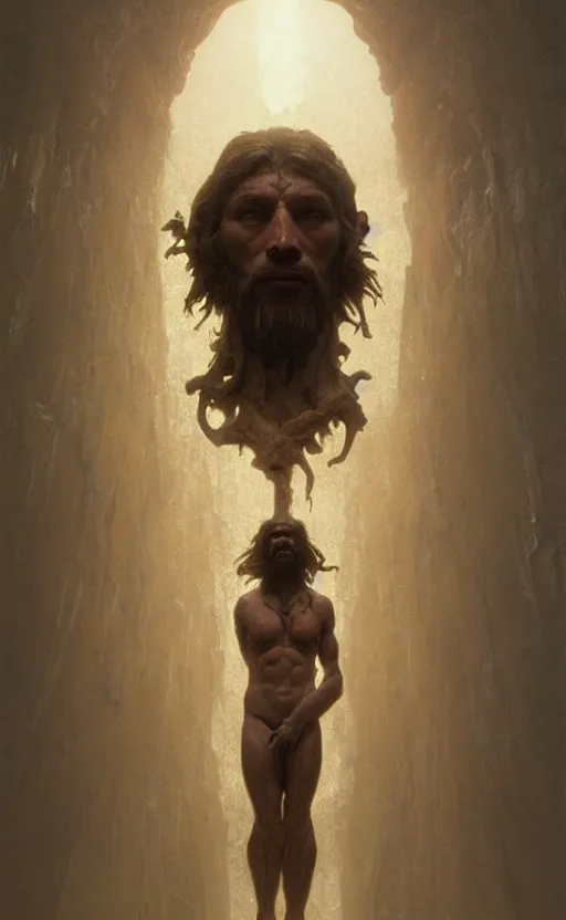 Prompt: an ancient man made of clay, a mythological being that came from the earth, a kabbalistic creation, gigantic, incomprehensible and frightening, trending on artstation, volumetric lighting, atmospheric portrait, highly detailed, art by greg rutkowski and alphonse mucha