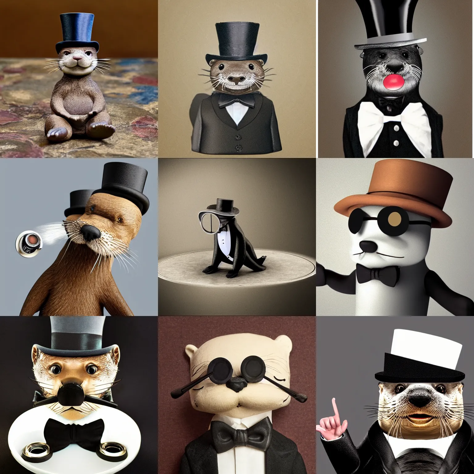 Prompt: photo of an 3 d otter wearing a top hat and monocle