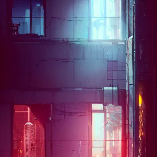 Image similar to One dilapidated building with only one window glowing. ArtStation, Cyberpunk, Vertical Symmetry, 8K, Highly Detailed, Intricate, Album Art.