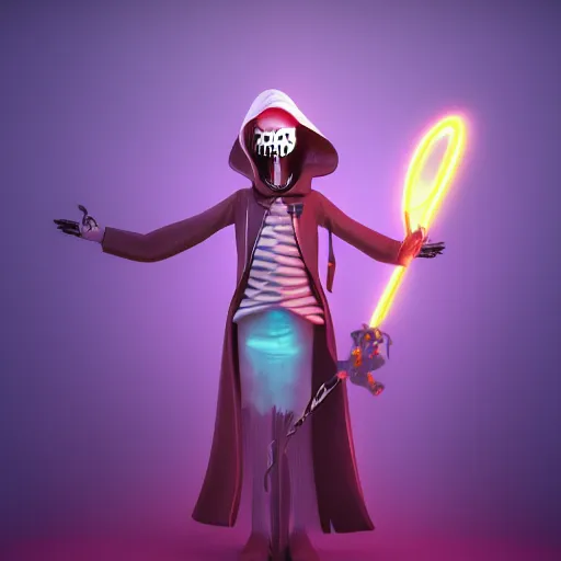 Image similar to candypunk grim reaper, character design, high quality digital art, render, octane, redshift, volumetric lighting, oled