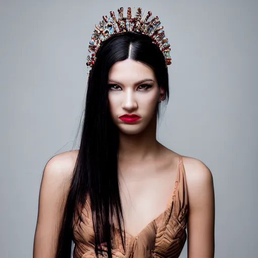 Prompt: a portrait of a beautiful female model, beauty shot, glamor pose, photography, headshot, headpiece, female character, canon eos r 3, f / 1. 4, iso 2 0 0, 1 / 1 6 0 s, 8 k, raw, unedited, symmetrical balance, in - frame