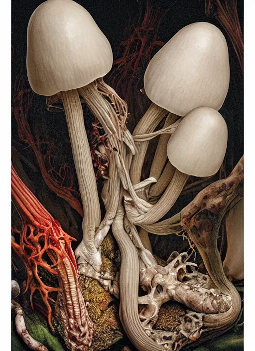 Image similar to magic mushroom with translucent skin, visible muscles and veins and arteries and bones and spines and nerves, beautiful detailed intricate insanely detailed octane render, 8k artistic photography, photorealistic, chiaroscuro, by David Cronenberg, Raphael, Caravaggio