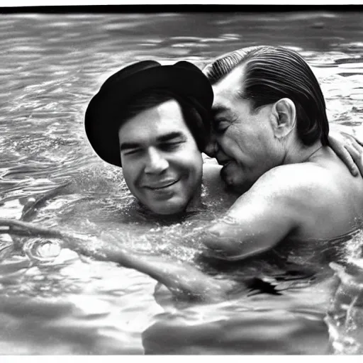 Prompt: black and white photo tom jobim in a pool with vinicius de moraes