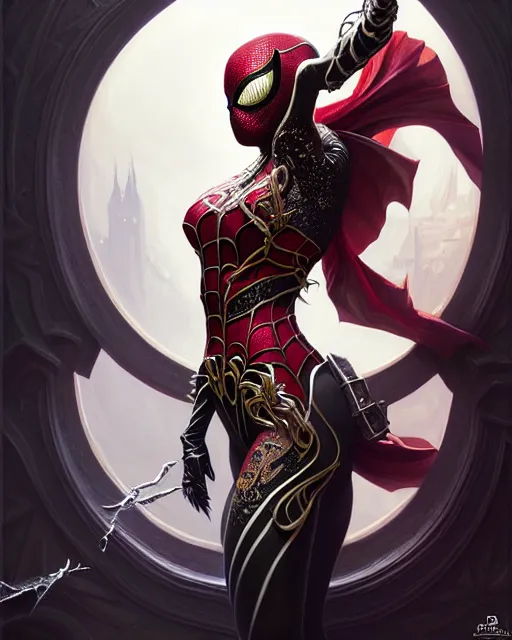 Image similar to portrait of spiderwoman, intricate ornate details, fantasy, elegant, highly detailed, digital painting, artstation, concept art, smooth, sharp focus, illustration, artbook, splash art, promo art, soul calibur, league of legends, art by artgerm and greg rutkowski and bo chen and jin xiaodi