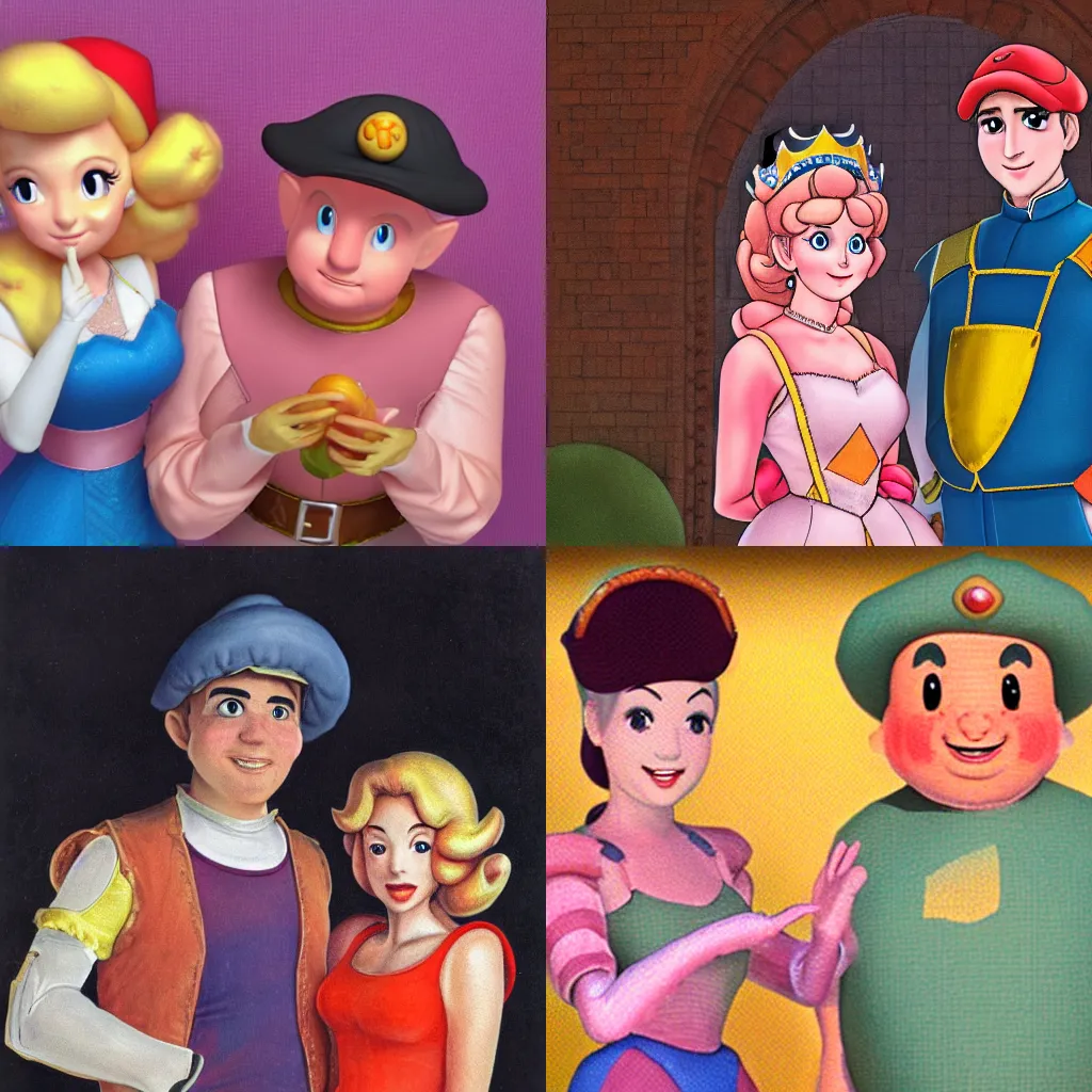 Prompt: Portrait photo of Princess Peach and Toad as a human beings