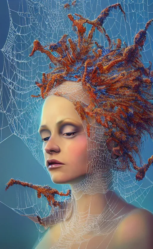 Prompt: a oil painting hyperrealism of a beautiful woman, cobwebs, spider makeup, cobwev headdress, 8 k resolution, octane render, trending on artstation, by gediminas pranckevicius, volumetric light 2 blue fractal thunder glow by dan mumford, anaglyph effect, laurie lipton