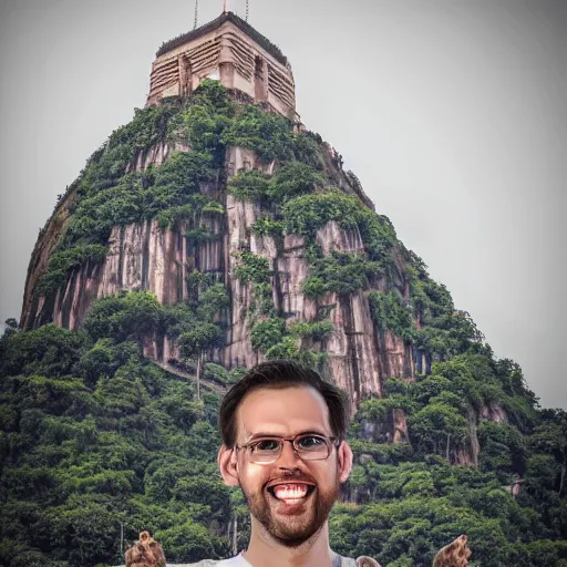 Image similar to high quality portrait of a monkey in front of Christ The Redeemer, studio photograph, photograph, realistic photo, 8k photo, 4k photo, stock photo, high resolution, cinematic shot, high detail