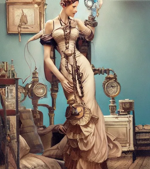 Prompt: woman model, steampunk clothes, neutral colors, cyan light, in a bedroom!!!!!!!!!!!!!!!!!!!!, elegant, highly detailed, digital painting, artstation, concept art, smooth, sharp focus, illustration, art by krenz cushart and artem demura and alphonse mucha