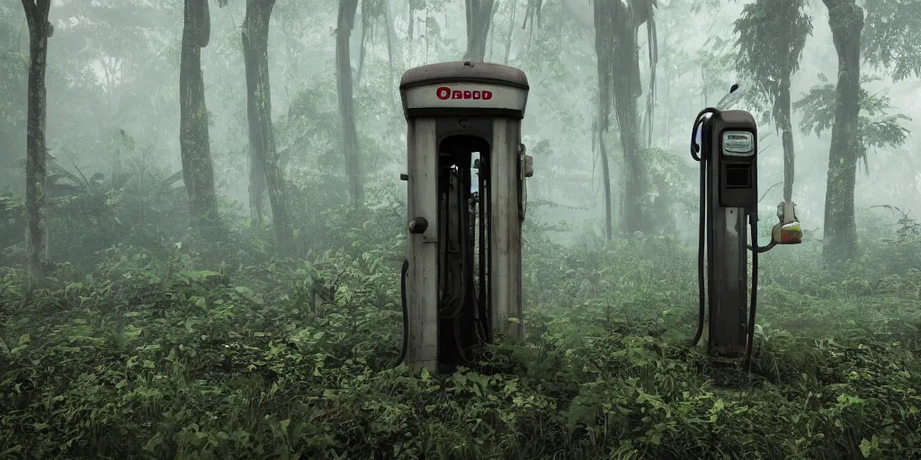 Image similar to old abandoned gas pump somewhere in the rainforest. nature is taking over. mist. cinematic. octane render.