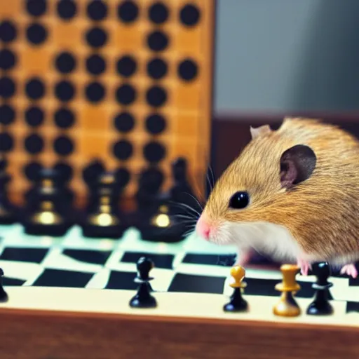 Prompt: a hamster playing chess