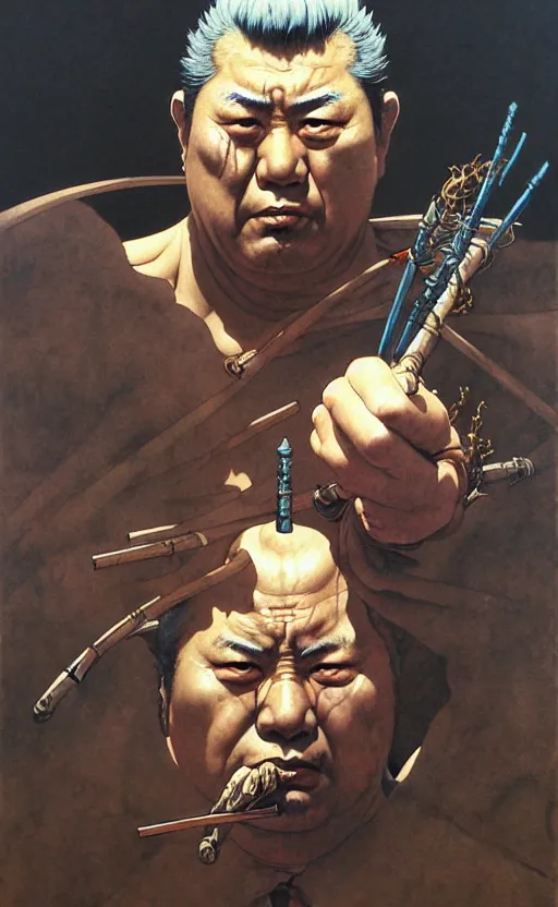 Image similar to portrait of zatoichi in the style of wayne barlowe, gustav moreau, peter mohrbacher, bussiere, roberto ferri, santiago caruso, luis ricardo falero, austin osman spare, boris vallejo, hajime sorayama