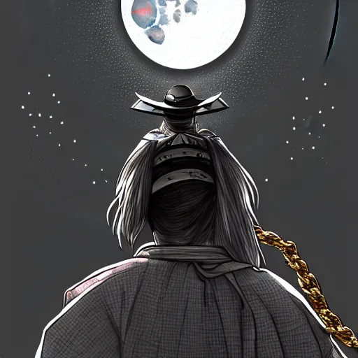 Image similar to a portrait from behind of a samurai man vagabond with a moon behind him, the samurai is wrapped in chains, detailed, illustration, concept art, ink style, sketch