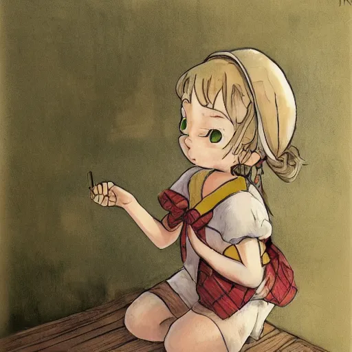 Image similar to little girl with an small curvy blonde hair wearing an sailor suit, artwork in made in abyss art style, inspired in balthus, high details