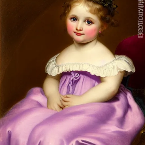 Image similar to portrait of a german toddler princess sitting down in a silk lavender gown, circa 1 8 3 7, by carl joseph begas, highly detailed, beautiful, oil on canvas, 1 8 3 0 s, romanticism