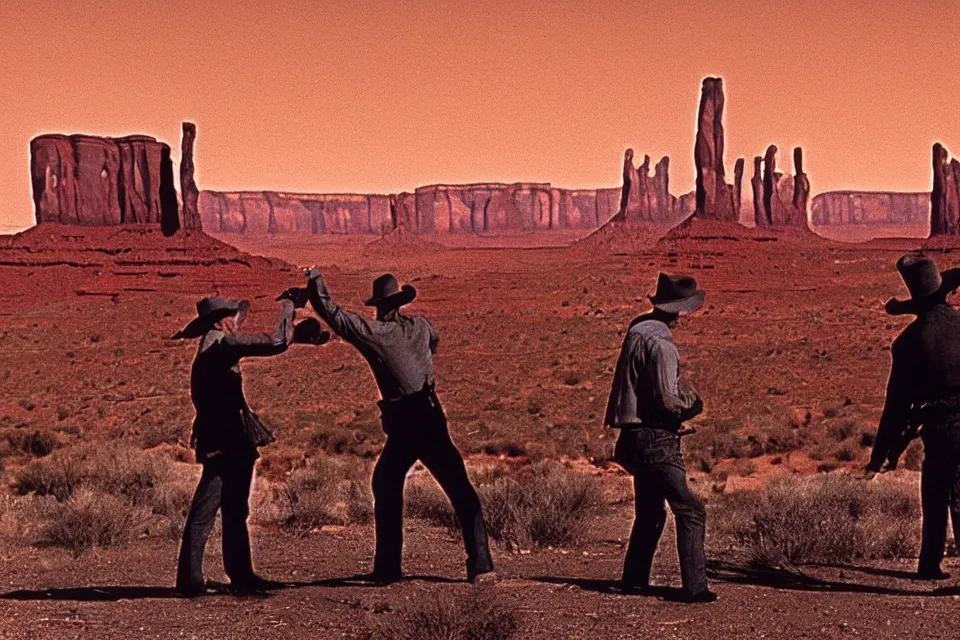 Image similar to filmstil by Sergio Leone showing duel in front of the Monument valley, western, photorealistic, cinematic atmosphere