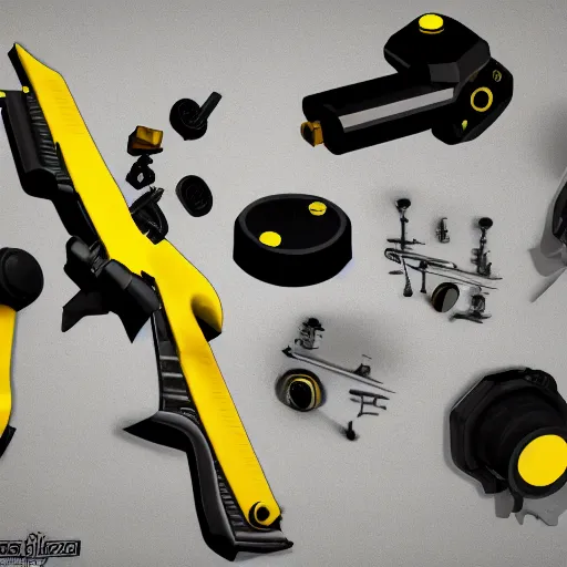 Image similar to black Pistol with yellow hydraulic parts concept art, white background