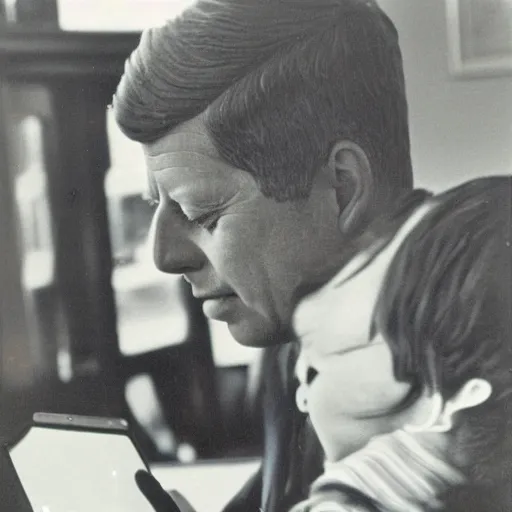 Prompt: 1 9 7 0 s vintage photograph of john f kennedy using an ipad, very detailed, very intricate,