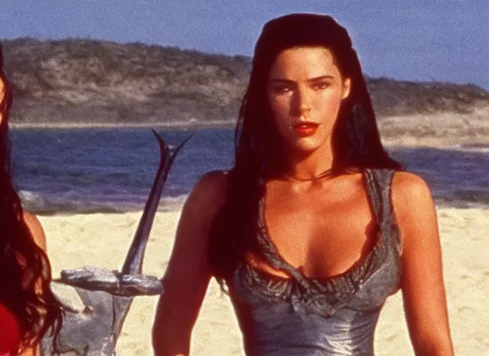 Image similar to a film still of yennifer from the witcher in baywatch 1 9 8 9