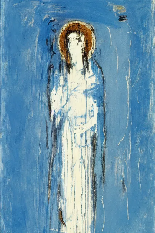 Prompt: light blue, virgin mary of lourdes painted by cy twombly and basquiat