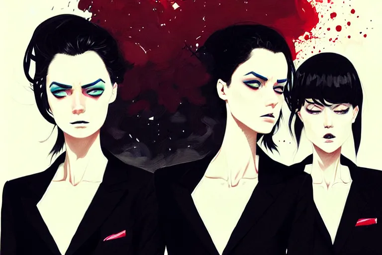 Prompt: a ultradetailed painting of three women in black suits with ties, by conrad roset, greg rutkowski and makoto shinkai trending on artstation