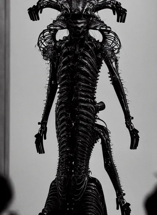 Image similar to walking down the catwalk, steven klein, show, stage, vogue photo, podium, fashion show photo, iris van herpen, beautiful woman, full body shot, helmet on face, masterpiece, plant predator, giger, guyver, jellyfish, biomechanical details, movie still, fauvism, cinestill, bokeh, gelios lens