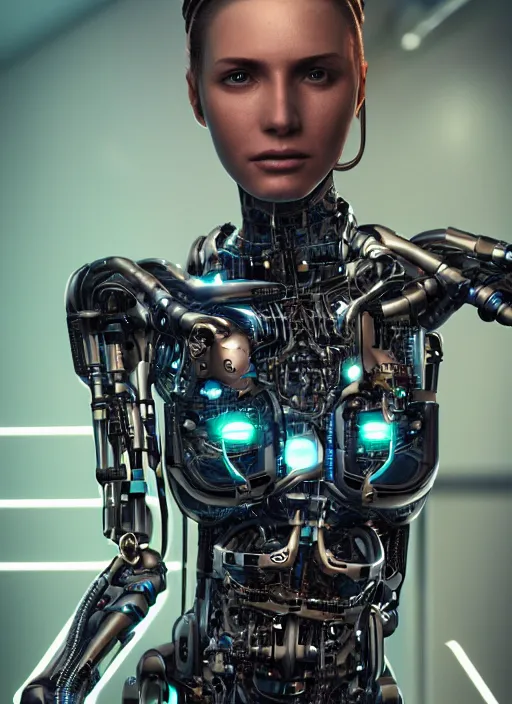 Prompt: photorealistic detailed full body picture of a female cyborg, pretty face with arms and legs, glamour pose, long braided hair, neon lights, humanoid, extreme, uhdr, book called the most influental cyborg in 2 0 5 0, fine details, highly detailed, intricate, smooth sharp focus, symmetrical features, environmental portrait, realistic render