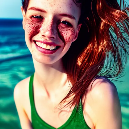 Image similar to portrait of a cute thin young woman, bronze brown hair, eye color is emerald green, red blush, cute freckles, smug smile, modern clothes, relaxing on the beach, golden hour, close up shot, 8 k, art by irakli nadar, hyperrealism, hyperdetailed, ultra realistic