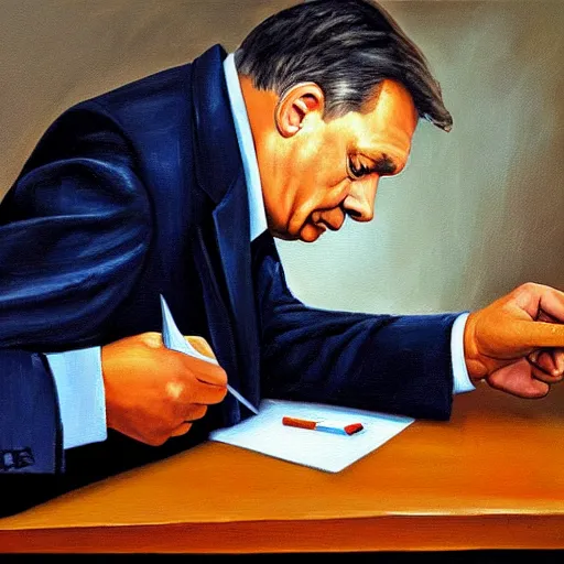 Image similar to viktor orban fixing his tie in a cubicle, oil painting