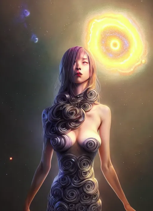 Image similar to azathoth girl wearing a dress made of milky way, full body, occlusion shadow, specular reflection, rim light, unreal engine, artgerm, artstation, art by hiroaki samura and ilya kuvshinov and ossdraws, intricate, highly detailed 8 k, fantasy illustration, extremely beautiful and aesthetic shape of face and body