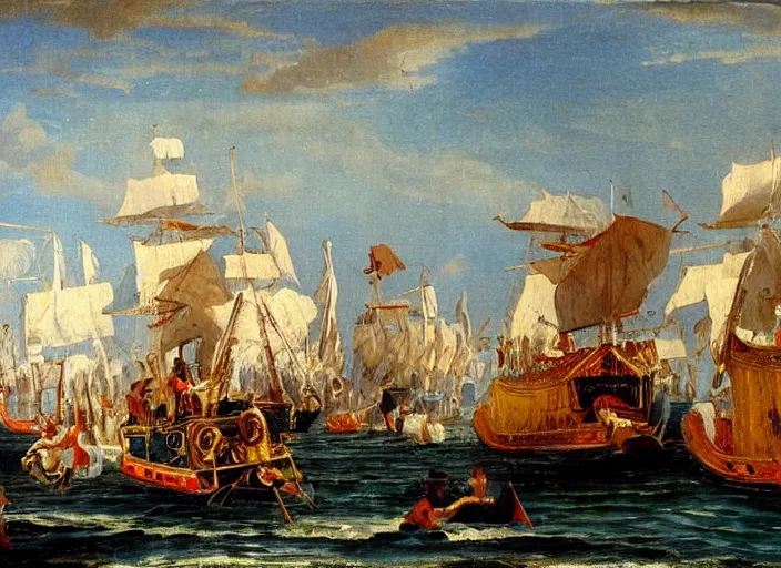 Image similar to a painting of la barca de aqueronte by felix resurreccion hidalgo