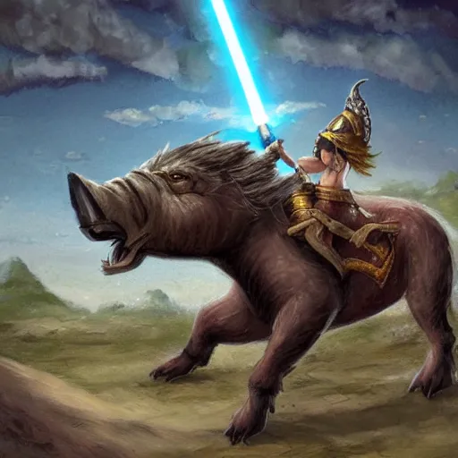 Image similar to mongolian dnd barbarian riding a boar with a lightsaber