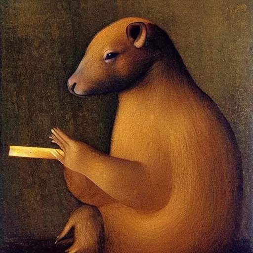 Prompt: capybara smoking a cigar, oil painting by leonardo da vinci