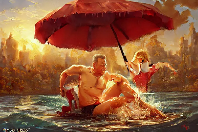 Image similar to tom hanks swimming in lasagna, meg ryan life guard, an oil painting by ross tran and thomas kincade