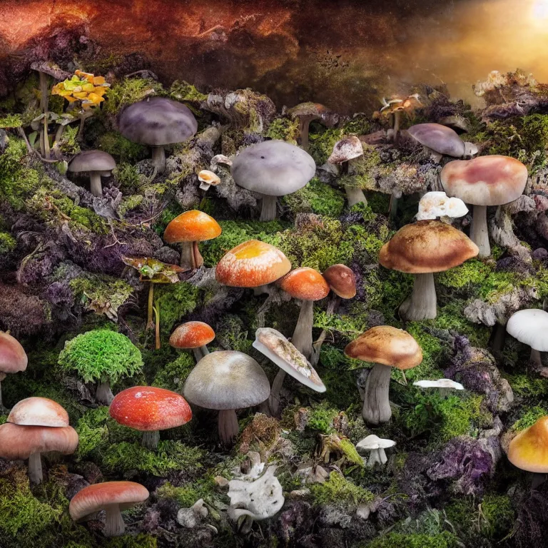 Image similar to a planet of various fungus, mushrooms and plants, inside the picture is infinity, sunset light, Atmospheric phenomenon, artistic photography, muted colors, conceptual, long exposure outside the city, volumetric light