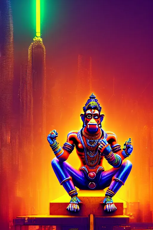 Image similar to high quality 3 d render colorful cyborg! hanuman sitting, gold madhubani, highly detailed, cyberpunk!! mumbai in the background, unreal engine cinematic smooth, szukalski & blade runner, moody neon light, low angle, uhd 8 k, sharp focus