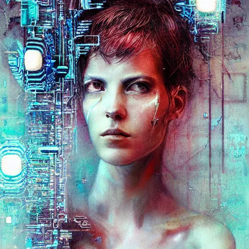 Image similar to female cyberpunk portrait by cy Twombly and BASTIEN LECOUFFE DEHARME, circuit boards, led display, iridescent fractal, high tech