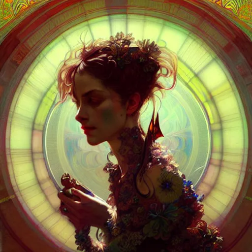 Image similar to An extremely psychedelic portrait, surreal, LSD, face, detailed, intricate, elegant, lithe, highly detailed, digital painting, artstation, concept art, smooth, sharp focus, illustration, art by Krenz Cushart and Artem Demura and alphonse mucha