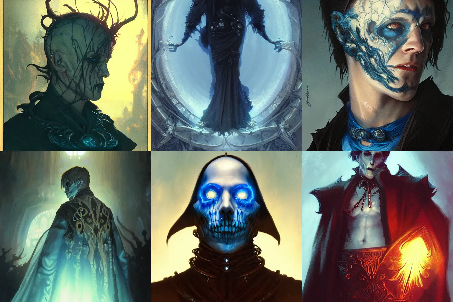 Prompt: a close-up of a male necromancer wearing gothic apparel, backlighting, blue hour, lit from below, high contrast, highly detailed, sharp focus, digital painting, concept art, illustration, trending on artstation, art by greg rutkowski + greg hildebrandt + alphonse mucha