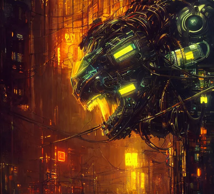 Prompt: robot cyborg lion, many wires and neon lights exposed, metal and glowing eyes, cyberpunk, highly detailed painting by jeremy mann and cd projekt red