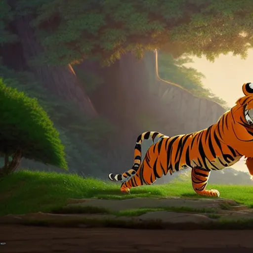 Image similar to a wholesome animation key shot of a tiger fighting a lion, studio ghibli, pixar and disney animation, sharp, rendered in unreal engine 5, anime key art by greg rutkowski, bloom, dramatic lighting