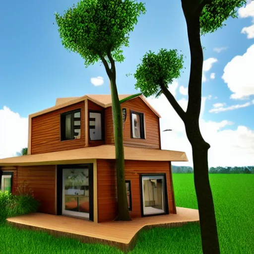 Image similar to funny house, 3d, rendering, realistic, forest