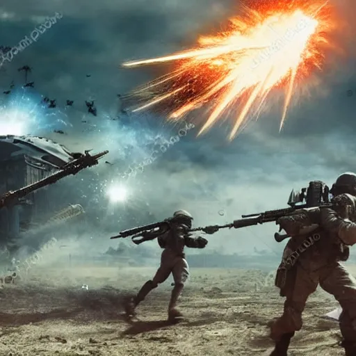 Image similar to science - fiction futuristic apocalyptic war scene with explosions, soldiers shooting