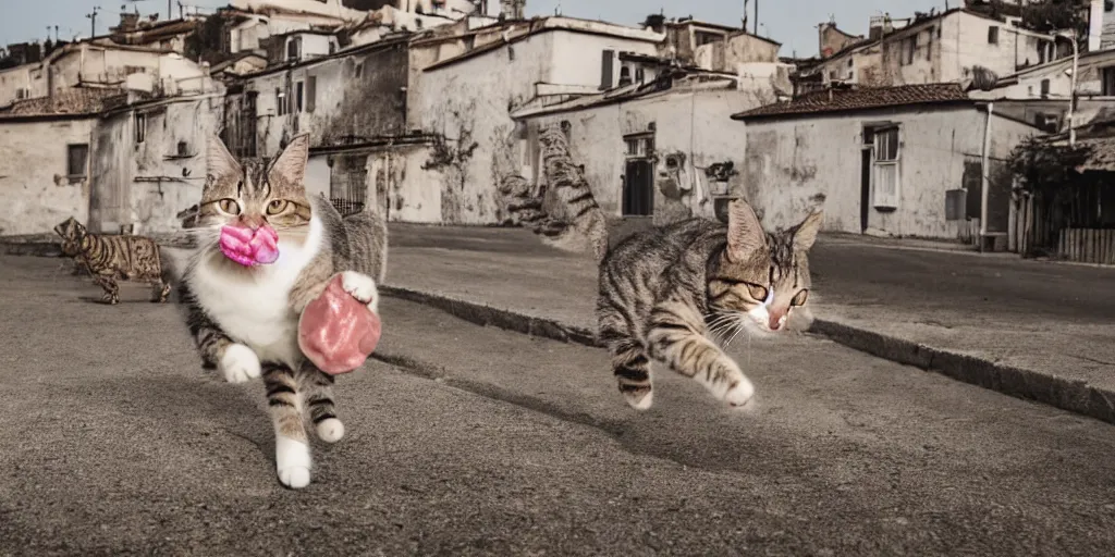 Image similar to photography of a cat running away with mortadella in his mouth with trullo houses in the background, photoreal, 3 5 mm, award winning photography